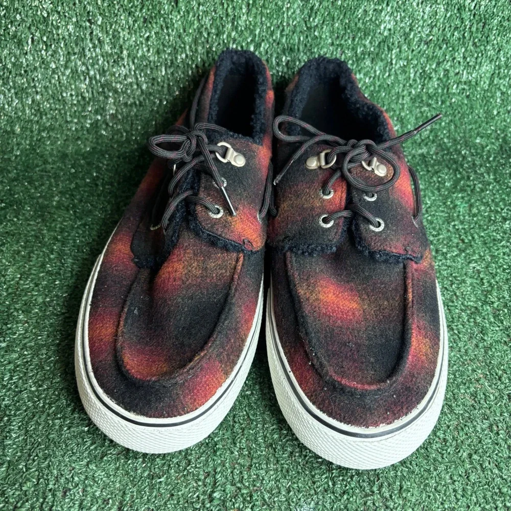 Sperry Bahama 3 Eye Wool Buffalo Plaid Fleece Lined Boat Shoes Red Mens Size 13